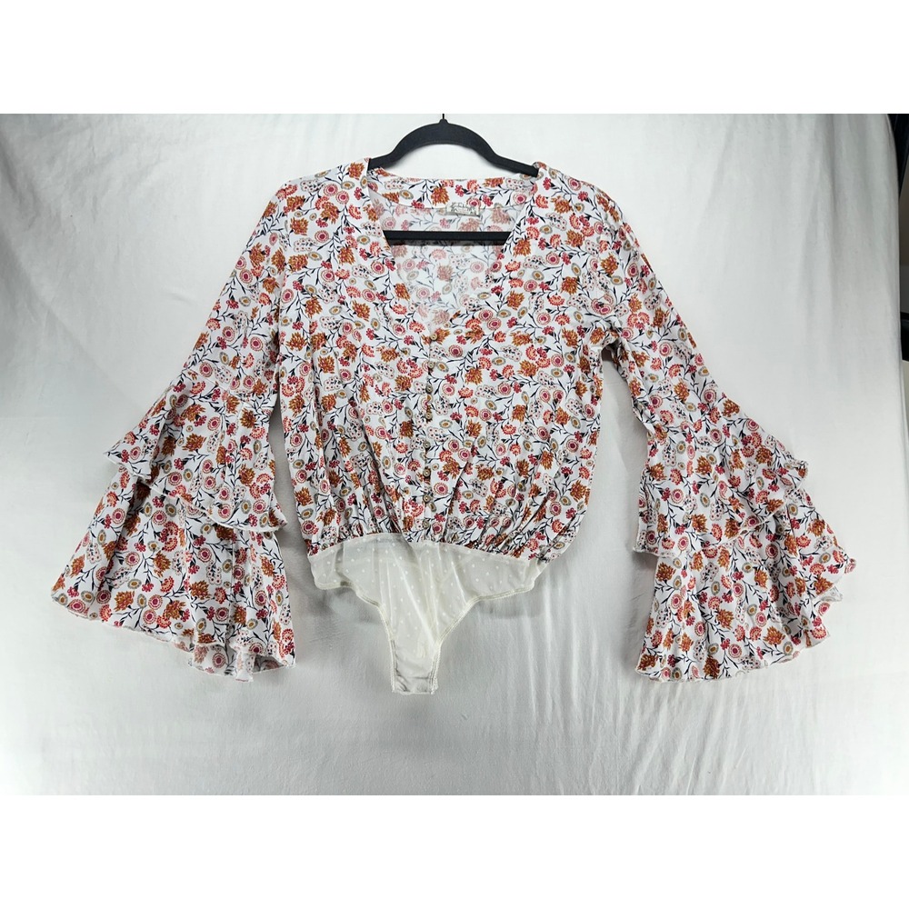 Intimately Free People Floral Ruffle Bell Sleeve Bodysuit V-Neck Orange Cream XS